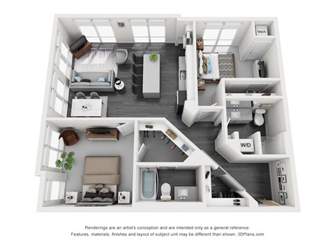 Floor plan for 2 beds, 2 baths, 1038 sqft